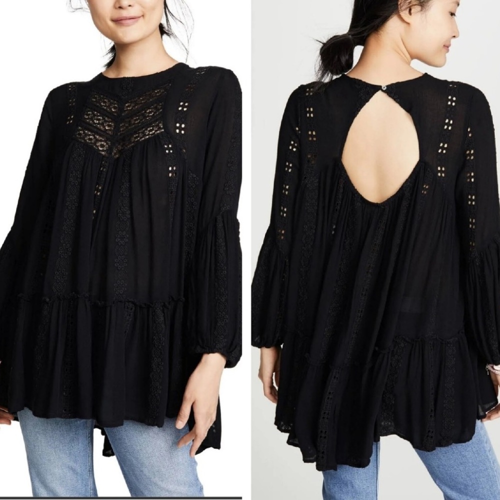 Elegant Black Lace Women Top kiss kiss lace embroidered tunic free people small